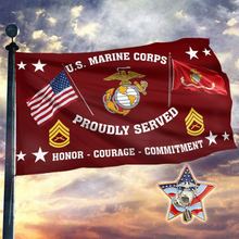 Load image into Gallery viewer, United States Marine Corps Proudly Served Flag + Veteran Pin - Bundle