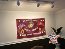 Load image into Gallery viewer, United States Marine Corps Proudly Served Flag + Veteran Pin - Bundle
