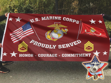 Load image into Gallery viewer, United States Marine Corps Proudly Served Flag + Veteran Pin - Bundle