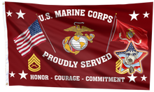 Load image into Gallery viewer, United States Marine Corps Proudly Served Flag + Veteran Pin - Bundle