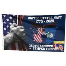 Load image into Gallery viewer, U.S. Navy 250 Years Anniversary Flag with FREE American Pin