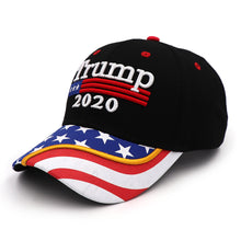 Load image into Gallery viewer, Trump 2020 Flag Bill USA Flag Hat + FREE Trump Rally Bracelet & Sticker Combo