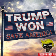 Load image into Gallery viewer, Trump Won, Save America Flag with FREE Punisher Pin