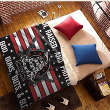 Load image into Gallery viewer, Born Raised and Protected By God, Guns, Guts and Glory 2nd Amendment Sherpa Blanket - 50x60 + Free Matching 3x5&#39; Single Reverse Flag