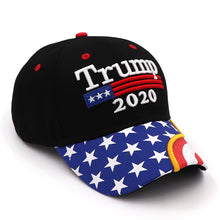 Load image into Gallery viewer, Trump 2020 Flag Bill USA Flag Hat + FREE Trump Rally Bracelet & Sticker Combo