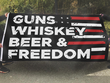 Load image into Gallery viewer, Guns, Whiskey, Beer and Freedom Flag (RTL)