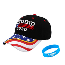 Load image into Gallery viewer, Trump 2020 Flag Bill USA Flag Hat + FREE Trump Rally Bracelet & Sticker Combo