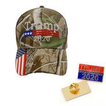 Load image into Gallery viewer, Trump 2020 Camo Hat w/ Trump 2020 Pin and Keep America great Flag