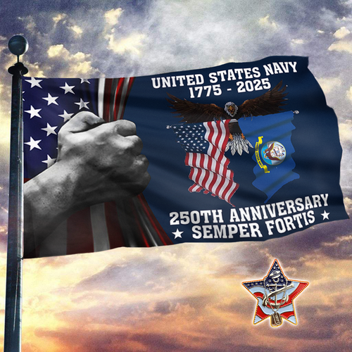 U.S. Navy 250 Years Anniversary Flag + Veteran Pin - Bundle