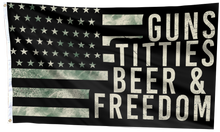 Load image into Gallery viewer, Guns Titties Beer &amp; Freedom USA Flag