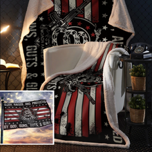 Load image into Gallery viewer, Born Raised and Protected By God, Guns, Guts and Glory 2nd Amendment Sherpa Blanket - 50x60 + Free Matching 3x5&#39; Single Reverse Flag