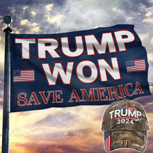 Load image into Gallery viewer, Trump Won - Save America Flag + Trump 2024 Camo Hat Combo