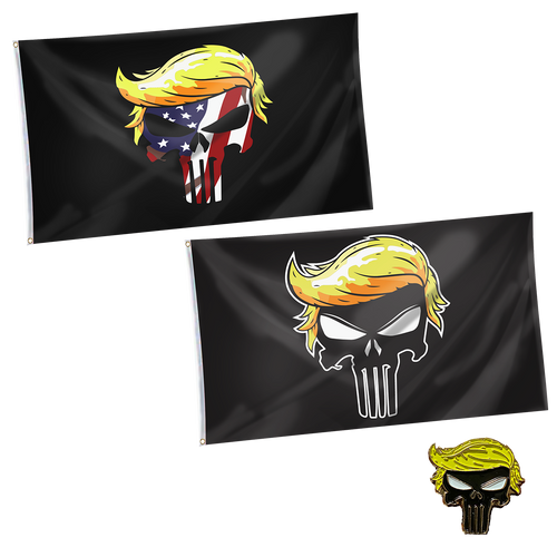 Trump Punisher Flag + Trump USA Punisher Flag + Trump Punisher Pin Bundle