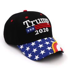 Load image into Gallery viewer, Trump 2020 Flag Bill USA Flag Hat + FREE Trump Rally Bracelet &amp; Sticker Combo