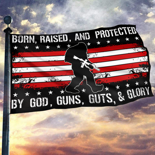 Born Raised and Protected Big Foot USA Flag