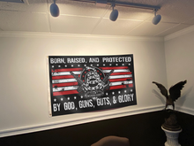 Load image into Gallery viewer, Born Raised And Protected By God Guns Guts And Glory - 2nd Amendment Flag With FREE American Flag Lapel Pin