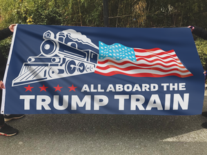 thumbnail image 2 of All Aboard The Trump Train Blue 3'x5' Flag - Double Sided, Woven Poly Nylon, By TRADEWINDS, Printed 2 of 5