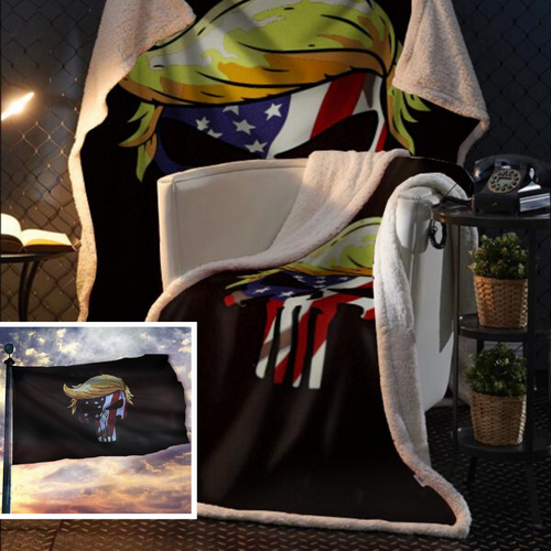 Punisher Trump USA Flag Fleece Blanket 50x60 + FREE MATCHING 3x5 SINGLE REVERSE FLAG