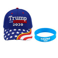 Load image into Gallery viewer, Trump 2020 Blue Flag Bill Hat - USA Flag Trump Hat  and Trump Rally Bracelet + Free Trump Keep America Great Flag Combo Deal