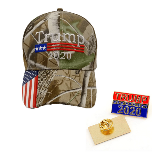 Trump 2020 Camo Hat w/ Trump 2020 Pin and Keep America great Flag