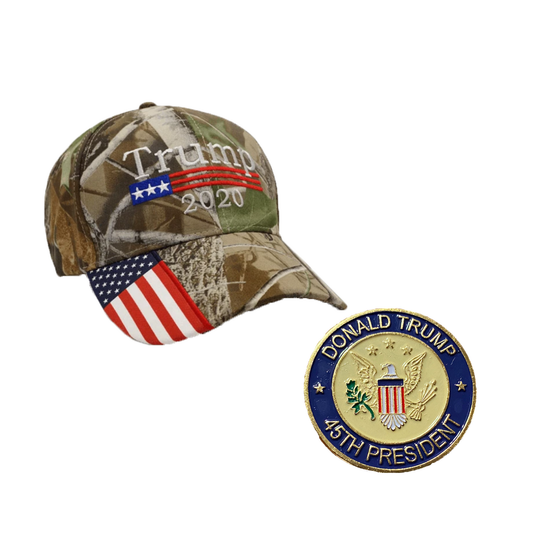 Trump 2020 Camo Hat w/ Trump 45th President Pin and Keep America great Flag